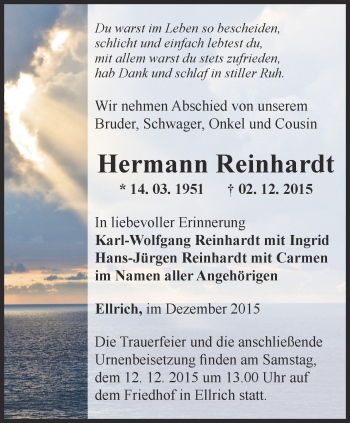 Traueranzeige von Hermann Reinhardt von Thüringer Allgemeine