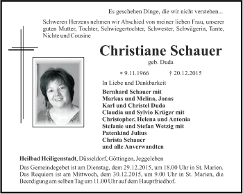 Traueranzeige von Christiane Schauer von Thüringer Allgemeine