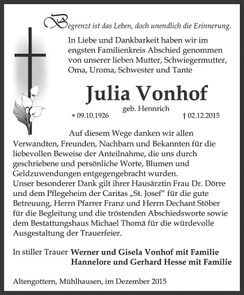 Traueranzeige von Julia Vonhof von Thüringer Allgemeine, Thüringische Landeszeitung