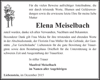 Traueranzeige von Elena Meiselbach von Thüringer Allgemeine