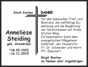 Traueranzeige von Anneliese Steiding von Thüringer Allgemeine, Thüringische Landeszeitung