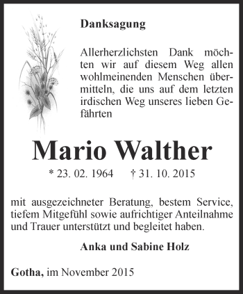 Traueranzeige von Mario Walther von Ostthüringer Zeitung, Thüringische Landeszeitung