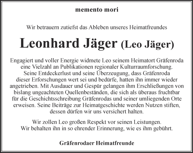  Traueranzeige für Leonhard Jäger vom 09.12.2015 aus Thüringer Allgemeine