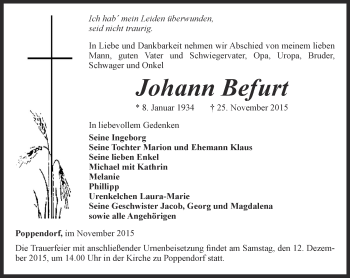 Traueranzeige von Johann Befurt von Ostthüringer Zeitung