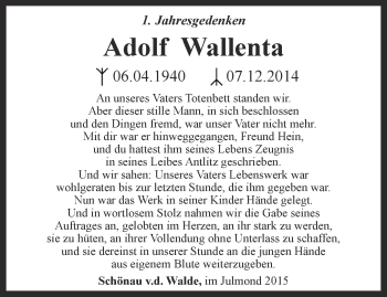 Traueranzeige von Adolf Wallenta von Ostthüringer Zeitung, Thüringische Landeszeitung