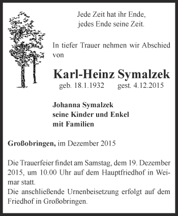 Traueranzeige von Karl-Heinz Symalzek von Thüringer Allgemeine, Thüringische Landeszeitung