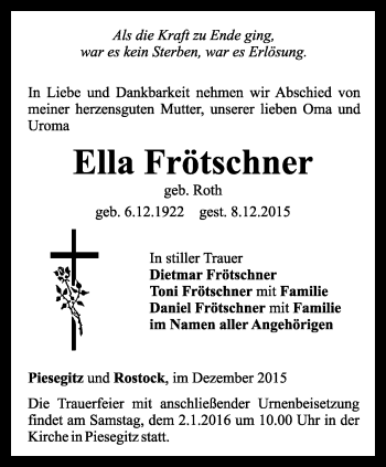 Traueranzeige von Ella Frötschner von Ostthüringer Zeitung