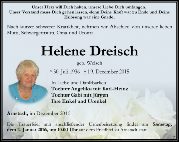 Traueranzeige von Helene Dreisch von Thüringer Allgemeine