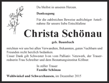 Traueranzeige von Christa Schönau von Ostthüringer Zeitung, Thüringische Landeszeitung