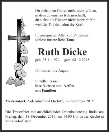 Traueranzeige von Ruth Dicke von Ostthüringer Zeitung