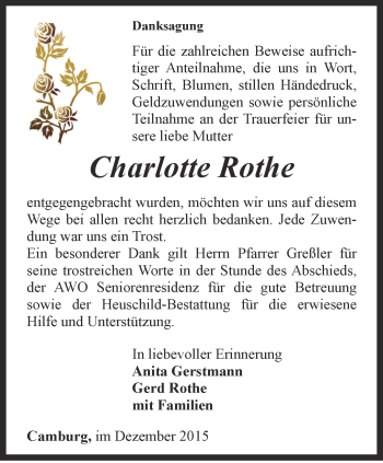 Traueranzeige von Charlotte Rothe von Ostthüringer Zeitung, Thüringische Landeszeitung