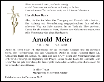 Traueranzeige von Arnold Meier von Thüringer Allgemeine