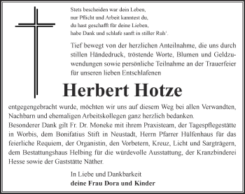 Traueranzeige von Herbert Hotze von Thüringer Allgemeine