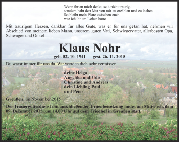 Traueranzeige von Klaus Nohr  von Thüringer Allgemeine