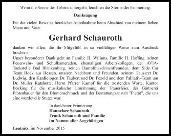 Traueranzeige von Gerhard Schauroth von Ostthüringer Zeitung