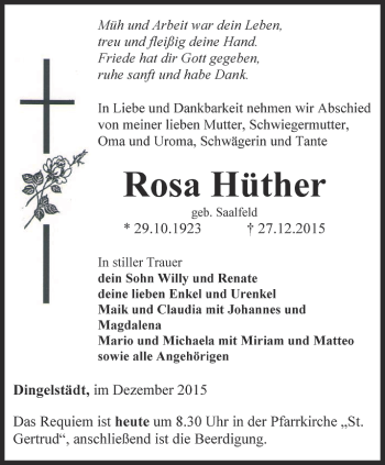 Traueranzeige von Rosa Hüther von Thüringer Allgemeine