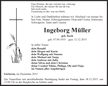 Traueranzeige von Ingeborg Müller von Ostthüringer Zeitung