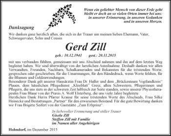 Traueranzeige von Gerd Zill von Ostthüringer Zeitung