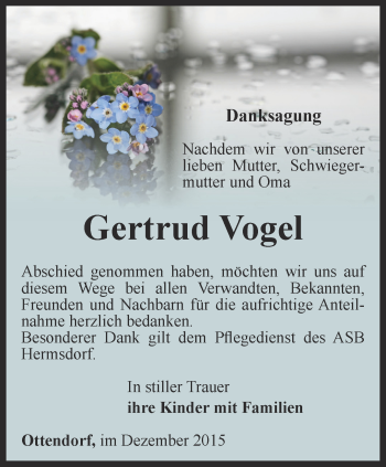 Traueranzeige von Gertrud Vogel von Ostthüringer Zeitung