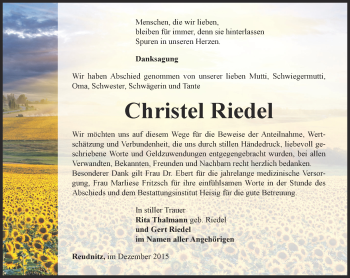 Traueranzeige von Christel Riedel von Ostthüringer Zeitung