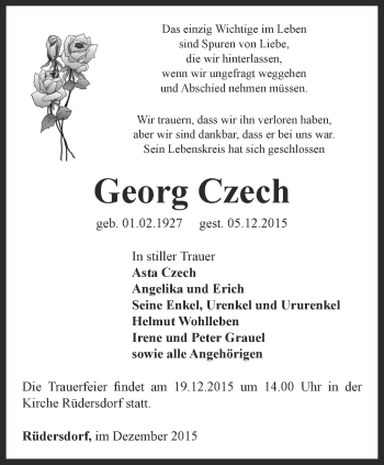 Traueranzeige von Georg Czech von Ostthüringer Zeitung