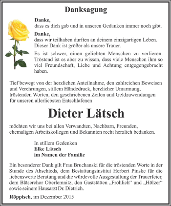 Traueranzeige von Dieter Lätsch von Ostthüringer Zeitung