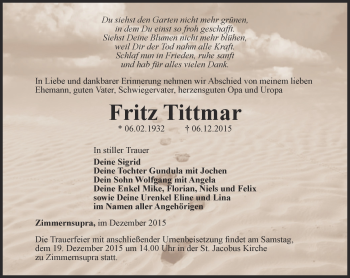 Traueranzeige von Fritz Tittmar von Thüringer Allgemeine, Thüringische Landeszeitung