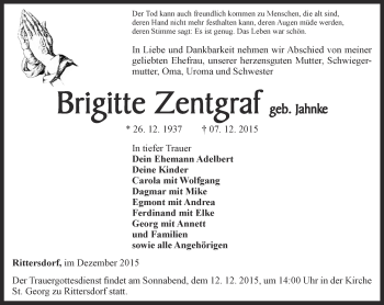 Traueranzeige von Brigitte Zentgraf von Thüringer Allgemeine, Thüringische Landeszeitung