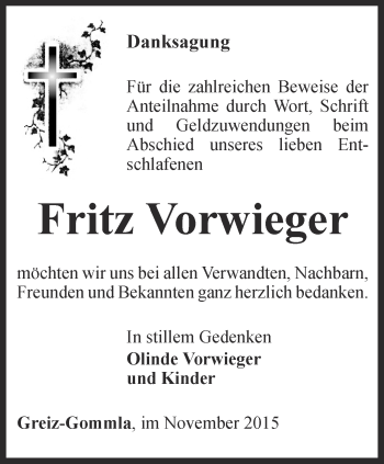 Traueranzeige von Fritz Vorwieger von Ostthüringer Zeitung