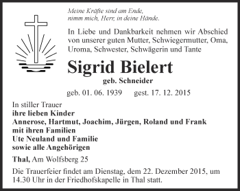 Traueranzeige von Sigrid Bielert von Thüringer Allgemeine, Thüringische Landeszeitung