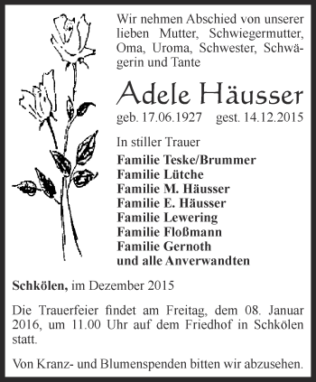 Traueranzeige von Adele Häusser von Ostthüringer Zeitung