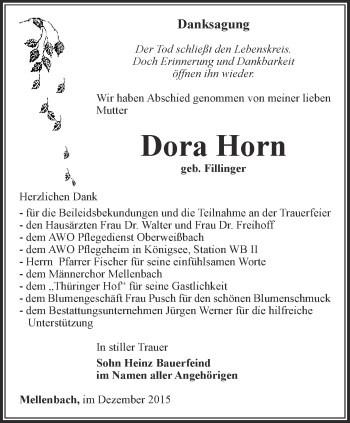 Traueranzeige von Dora Horn von Ostthüringer Zeitung