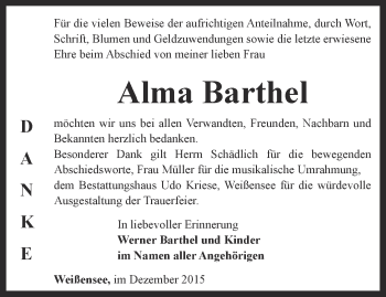 Traueranzeige von Alma Barthel von Thüringer Allgemeine