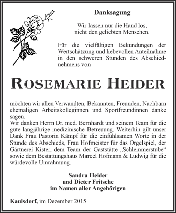 Traueranzeige von Rosemarie Heider von Ostthüringer Zeitung