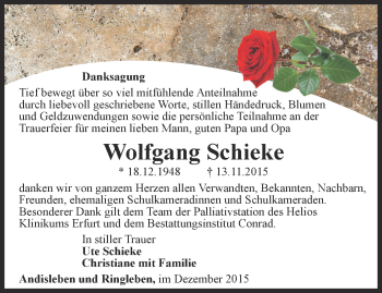 Traueranzeige von Wolfgang Schieke von Thüringer Allgemeine, Thüringische Landeszeitung