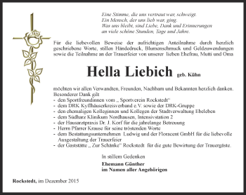 Traueranzeige von Hella Liebich von Thüringer Allgemeine