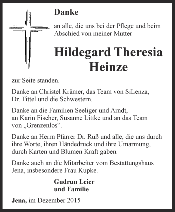 Traueranzeige von Hildegard Theresia Heinze von Ostthüringer Zeitung, Thüringische Landeszeitung