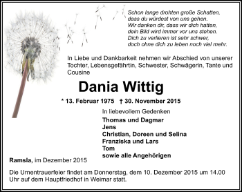 Traueranzeige von Dania Wittig von Thüringer Allgemeine, Thüringische Landeszeitung