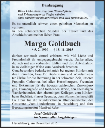 Traueranzeige von Marga Goldbuch von Thüringer Allgemeine, Thüringische Landeszeitung