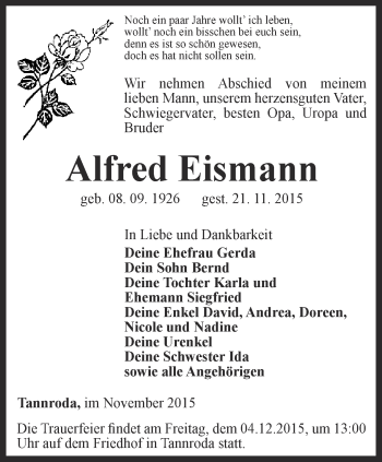 Traueranzeige von Alfred Eismann von Thüringer Allgemeine, Thüringische Landeszeitung