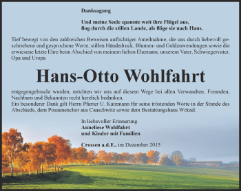 Traueranzeige von Hans-Otto Wohlfahrt von Ostthüringer Zeitung