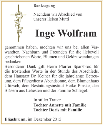 Traueranzeige von Inge Wolfram von Ostthüringer Zeitung