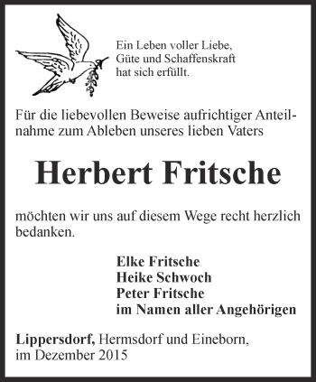 Traueranzeige von Herbert Fritsche von Ostthüringer Zeitung
