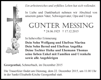 Traueranzeige von Günter Messing von Ostthüringer Zeitung, Thüringische Landeszeitung