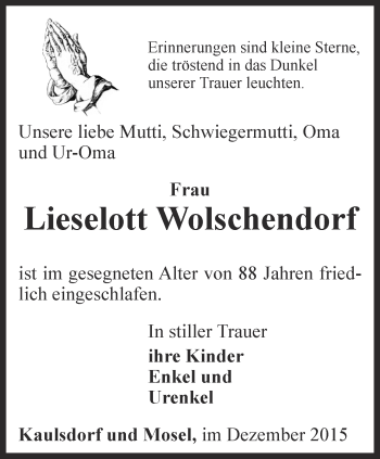 Traueranzeige von Lieselott Wolschendorf von Ostthüringer Zeitung