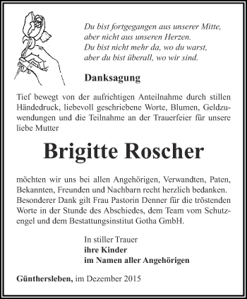 Traueranzeige von Brigitte Roscher von Ostthüringer Zeitung, Thüringische Landeszeitung