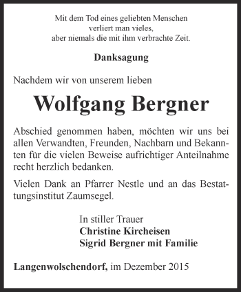 Traueranzeige von Wolfgang Bergner von Ostthüringer Zeitung