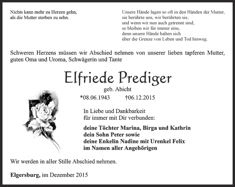  Traueranzeige für Elfriede Prediger vom 12.12.2015 aus Thüringer Allgemeine