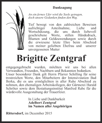 Traueranzeige von Brigitte Zentgraf von Thüringer Allgemeine, Thüringische Landeszeitung