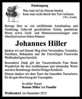 Traueranzeige von Johannes Hiller von Ostthüringer Zeitung